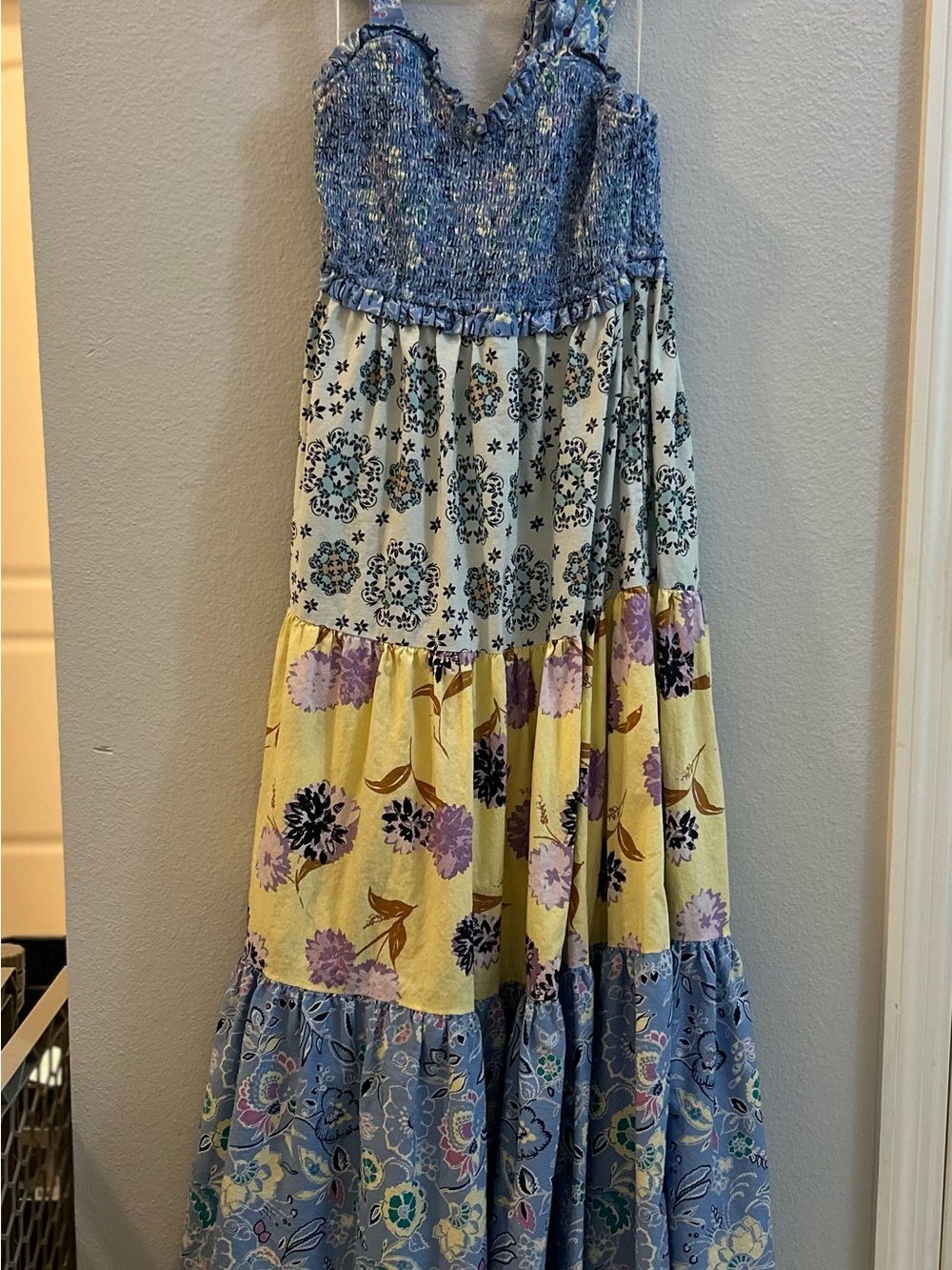 Nanette Lepore Blue, Yellow, Cream Floral Tiered Maxi Dress